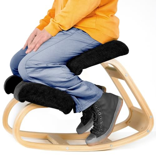 VILNO Ergonomic Kneeling Office Chair - Rocking Wooden Computer Desk Chairs, Back & Neck Pain Relief, Better Posture, Ergo Knee Support Stool, Cross Legged Sitting (Black)