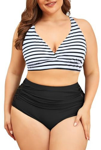 PONCEAU Bikini Damen Set Große Größe V Ausschnitt High Waist Bauchweg Knoten Zweiteiliger Bikini Plus Size Curvy Bademode Swimsuit Push Up Badeanzug