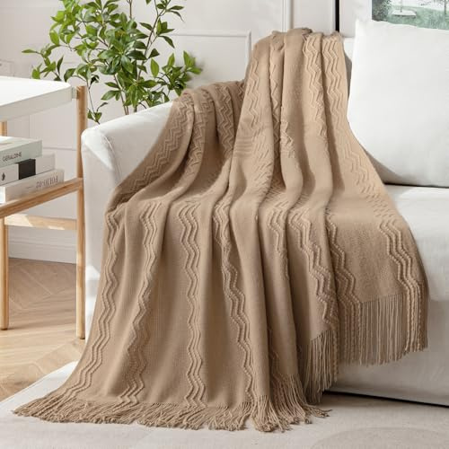 MIULEE Tan Taupe Knitted Boho Throw Blanket for Couch 50x60 | Textured Cozy Woven Blanket with Tassels for Sofa Chair Bed Living Room, Decorative, Lightweight, Farmhouse Home Decor