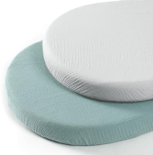 lulumoon Musselin-Baumwolle Spannbettlaken 90x40 cm: 2er Set Kinderwagen Bettlaken Stubenwagen Matratzenbezug für Babybett und Beistellbett (Grau Grün)