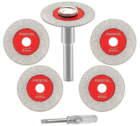 FOCSTOL Disco Diamantato per Taglio Vetro - 5 pezzi 30mm Lama Diamantata per Vetro e 1 pezzo 6mm Gambo Rotondo per Giada Marmo Granito Pietra Artificiale Porcellanato Piastrelle Ceramica