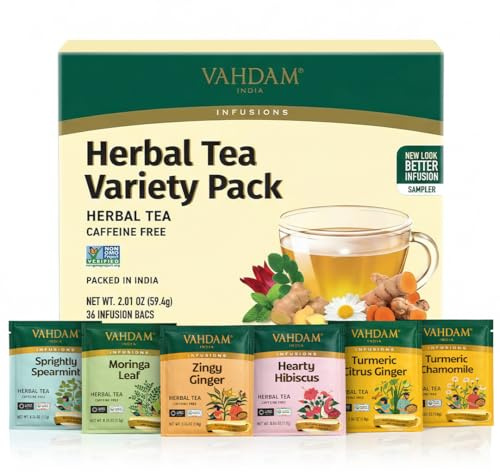 VAHDAM, Herbal Tea Sampler (36 Tea Bags, 6 Flavors) | Caffeine-Free, Non-GMO | Turmeric Citrus Ginger, Turmeric Chamomile, Hibiscus, Moringa, Spearmint, Ginger
