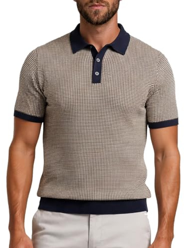 Xact Men's Knitted Polo Shirt – 100% Cotton, Short Sleeve Smart Casual Jacquard Knit Top, Textured Knitwear with Zip Neck - Evening Dusk - L