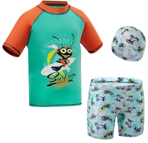 KAKU NANU Maillot de Bain Enfant Garcon Anti UV Bonnet Piscine Enfant Short de Bain Garcon Manche Courtes 5 6 Ans