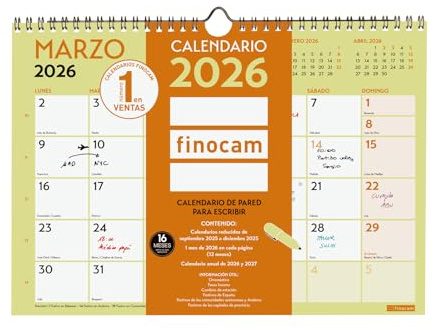 Finocam - Calendrier mural 2026 mois vue janvier - décembre 2026 + septembre 2025 (4 mois) réduits | Calendrier 2026 | Planning mensuel Grafik - Espagnol