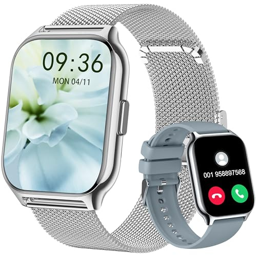 APAUK Smartwatch für Damen Herren,Fitnesstracker 2'01 Zoll mit Telefonfunktion/Sprachassistent/Message Reminder,Fitnessuhr Puls-Schlaf-Monitor(Metall Silber + Silikon grau)