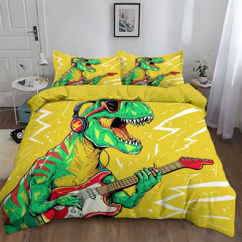 Generico Copripiumino per Ragazzi e Bambini Cartone Animato Animale Dinosauro Musica Chitarra 200 x 200 cm, Parure Letto microfibra spazzolata ultra soffice, con chiusura a cerniera - Giallo
