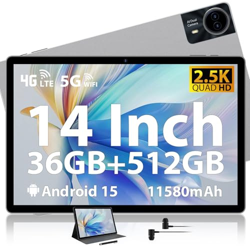 MAXLEGEN Tablet 14 Zoll, 2.5K Touch Display, 36GB RAM+512GB ROM/1TB TF SIM Tablet 4G LTE+5G WiFi, Android 15, Octa-Core, 4 Lautsprecher, 13MP, 11580mAh, GMS, GPS, Tablets mit Pen/Hülle/Kopfhörer