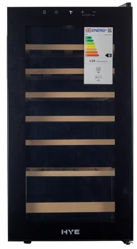 HYE Wine Cooler - Wine Fridge With 28 Bottle/88L Storage, 43CM Width, Wooden Shelves, LED Top Lighting, Temperature Range Adjustment, 40 dB Operation, Perfect For Collectors - RF01WC28B31
