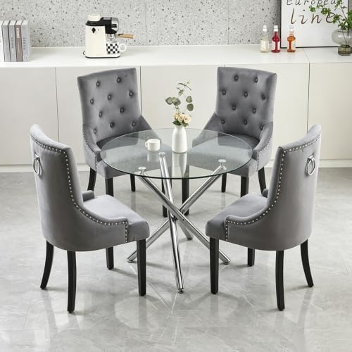 BonChoice Modern Round Glass Dining Table and Chairs Set 4, 5 Piece Round Dining Room Table Set, Glass Table with 4 Dark Gery Velvet Knocker Dining Chairs Space Saving