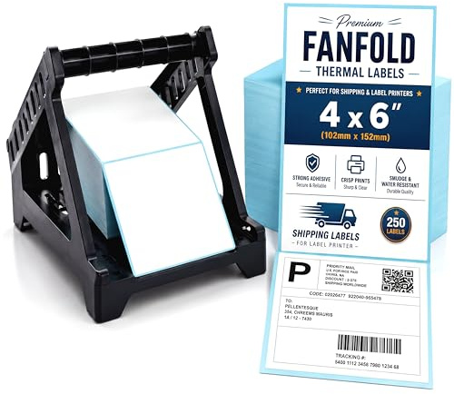 Thermal Label Holder with 250 4x6 Fanfold Thermal Labels, Shipping Labels Dispenser Stand for Thermal Label Printers Compatible with JADENS, MUNBYN, NELKO, Phomemo, ITARI & POLONO