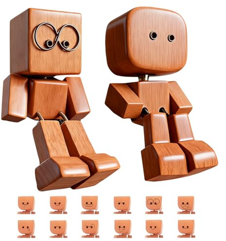 HEUIOP 2 Pcs Shaking Wooden Man Figurine with 12 Magnetic Expressions,Handmade Wooden Man with Wobbly Legs for Car,Creative Dashboard Bobblehead for Drivers Friends & Desk Decor