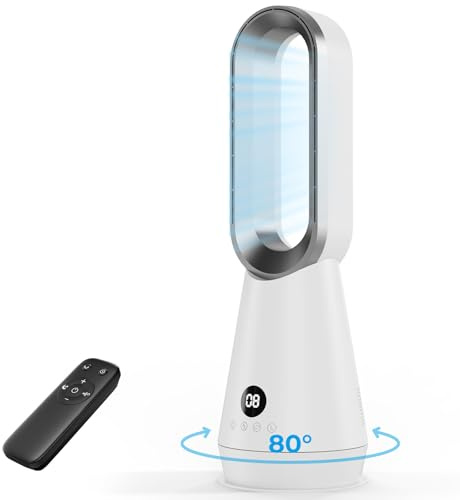 Ventilador de Torre Silencioso sin Aspas,Ventiladores Aire Frio con 8 Velocidades,2 Modos(Sueño,Viento Fuerte),Oscilación 80°,Temporizador 9h,Mando a Distancia,Pantalla LED,32dB Bajo Nivel de Ruido