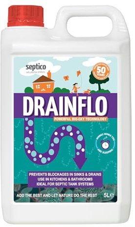 Septico Drainflo Probiotic Drain Cleaner 5L – Eco-Friendly Bio-Enzyme Formula for Kitchens, Bathrooms & Utility Drains – Septic Tank Safe Drain Unblocker & Odour Control