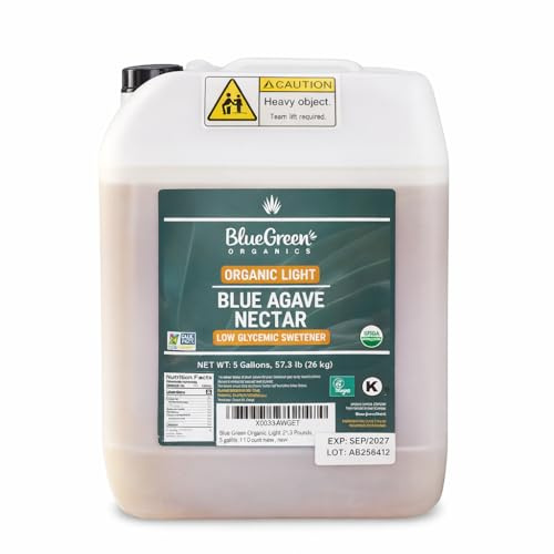 BLUE GREEN ORGANICS 57.3 lb Light Blue Agave , 5 Gallon Bulk Organic Sweetener , Low Glycemic Sugar Alternative for Restaurants & Catering , Mild Flavor Liquid Sweetener , Plant-Based, Gluten-Free & Halal