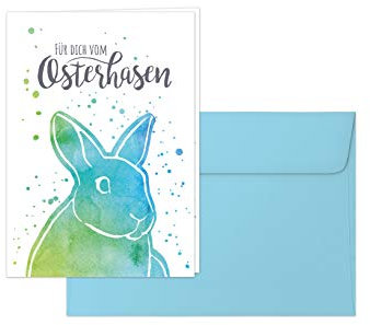 Osterkarte, Grußkarte „Für dich vom Osterhasen“ – Klappkarte im Aquarell-Stil mit hellblauem Umschlag, Design: Osterhase