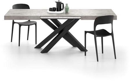 MOBILI FIVER, Table Extensible Emma 140(220) x90 cm, Gris Béton avec Pieds Croisés Noirs, pour 6-10 Personnes, Table Extensible pour Cuisine, Salon, Made in Italy