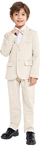 LOLANTA 3-teiliges Jungen Plaid Anzug Set, Eleganter Blazer für Hochzeits-Abschlussball, Formelle Kleidung Jacken-Hose-Fliege Set(Beige,9-10 Jahre,Etikettengröße 140)
