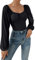 GORGLITTER Damen Body Elegant Bodys Laternenärmeln Bodysuit Herzausschnitt Oberteil Blusebody Schmal Tops mit Rüschenbüste Schwarz L