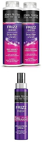 John Frieda Frizz Ease Brazilian Sleek Frizz Immunity Smoothing Shampoo & Conditioner & 3 Day Straight Straightening Spray: 2x500ml, 1x100ml