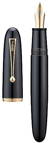 Jinhao 9019 Füllfederhalter aus Acryl, Größe 8, mittlere Feder mit Tintenkonverter, Klavierschwarz, klassisches Design, glattes Schreibstift (Goldrand)