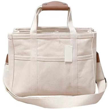 Yitengteng Women Canvas Tote Bag with Multi Pockets High Capacity Handbag Leisure Bag for Mommy Storage Bag (White)