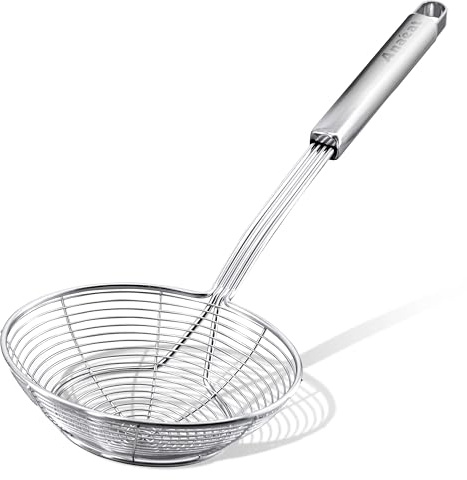 Anaeat Stainless Steel Spider Strainer Skimmer - Solid Kitchen Strainer Ladle with Long Handle for Cooking and Frying, Reinforced Double Coil Slotted Spoons for Pasta, Noodle, Spaghetti (7 Inch)