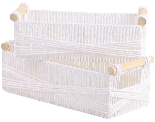 OUTBROS Cesta de Almacenamiento de Dos Piezas, Contenedores Decorativa con Mango de Madera, Canasta Tejida con Cuerda de Papel, Caja con Mimbre, Blanco