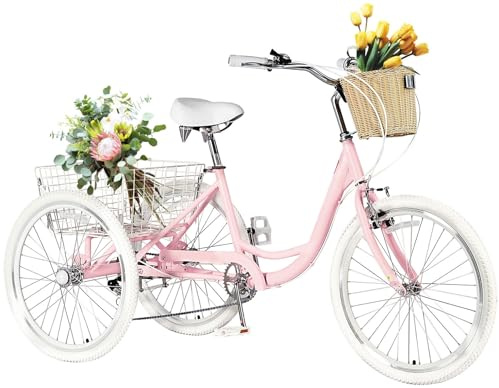 AkiiGer Adult Tricycles for Adults, 7 Speed Adult Trikes, 20/24/26 inch 3 Wheel Bike with Basket, Three-Wheeled Cruiser Bicycles for Women and Men, Without Mudguard