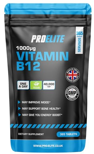 Vitamin B12 365 Tablets High Strength 1000mcg Vegan B12 Supplement | Pure Methylcobalamin | Tiredness and Fatigue Tablets | Immunity Supplements Made in UK by PROELITE