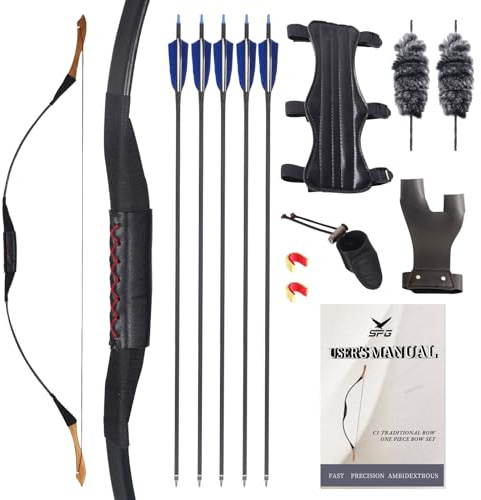 SPG 50lbs One Piece Traditional Bow - 50 Handmade Wooden Bow Fast Precision Shooting Traditional Recurve Bow and Arrow Set for Adult & Archers Right Left Hand Archery Horse Long Bow