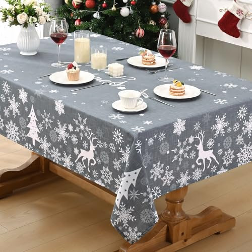 Alishomtll Weihnachten Grau Tischdecke, Schneeflocke Elch Weihnachtsbaum Rechteckige Tischdecken, Wasserabweisend Abwaschbar Tischtuch, Winter Party Festliche Deko Tischwäsche 140x240 cm