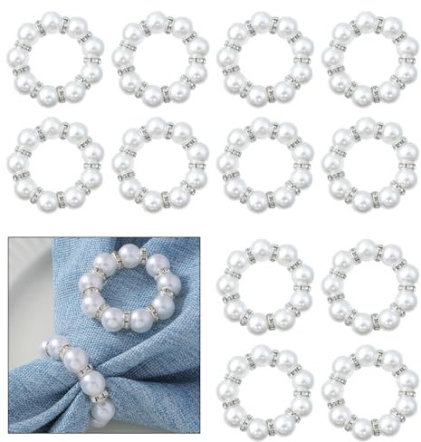Hevysuo 12 Pezzi Anelli Tovagliolo Perla Artificiale,Plastica Portatovagliolo Vintage,per la Decorazione Della Tavola Dell' Anniversario Della Cena Della Festa di Nozze di Argento,1,9 x 0,3 Pollice