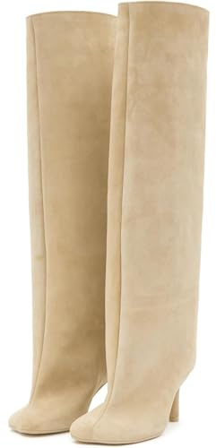 Stivali alti in camoscio nude da donna - Polpacci larghi - Punta quadrata - Da infilare - Tacco alto - Stivali da equitazione da donna - Abito di tendenza, beige, 39 EU