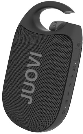 JUOVI Clip J1 Speaker Bluetooth Portatile, Altoparlante Wireless Compatto, Moschettone Integrato Waterproof e Resistente alla Polvere IP68, 24 Ore di Autonomia con Suono HD per Casa, Esterni (Nero)