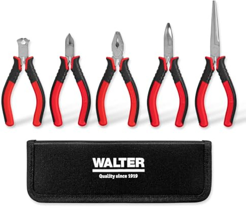 WALTER Mini-Zangen-Set 5-tlg., präzise und vielseitige Anwendung, inkl. Nylontasche, Kombizange, Spitzzange, Linemanzange, Seitenschneider, Vorschneider