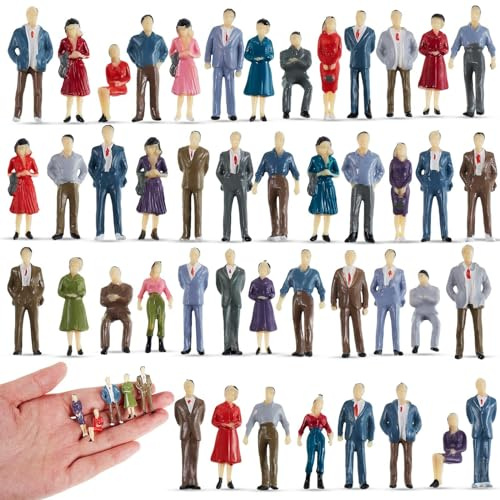 Kasyat 50 Mini Figurines de Personnes en Plastique Maquettes de Trains 1,38 Pouces à l'Échelle 1 : 50 Peintes Architecturales Petites Personnes Miniatures Jouet Personnes Assises Debout (50)