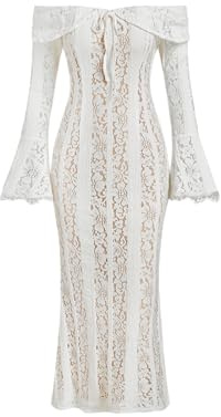 CIDER Wedding Guest Dress Lace Floral Long Sleeve Off Shoulder High Waist Knotted Maxi Formal Dress White