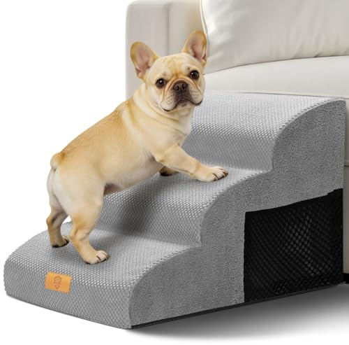 Thihome Dog Steps for Sofa, Dog Stairs for Small Dogs, 30D High Density Foam Dog Ramp with Non-Slip Washable Cover, 3-Step Pet Ramps for Bed, Sofa & Couch, 60 x 40 x 40cm, Grey