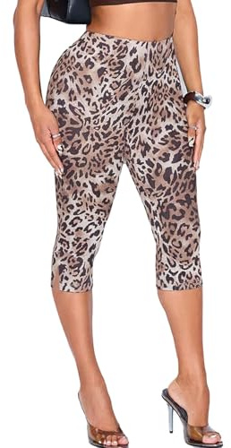 TZLDN Leggings Capri da donna a 3/4 leopardo lungo al ginocchio, leo a tre quarti pantaloni sexy festival Techno rave, leopardo, S