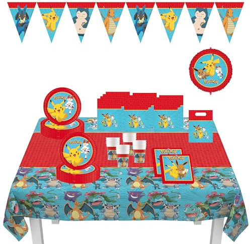 Procos - Decorazioni di compleanno Pokemon, 67 pezzi, per feste di compleanno per bambini con stoviglie monouso e decorazioni per feste