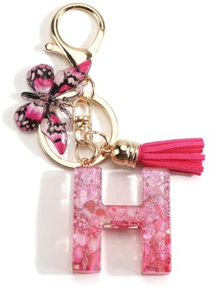 Porte-clés pour femme avec initiales en résine, pendentif tassel et papillon, bijou de sac élégant, cadeau collègue, accessoires charms pour sac à main, superbe porte clef maman anniversaire (H)