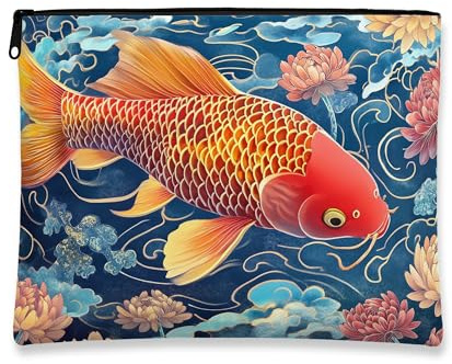 Bolsa de maquillaje artística de peces de carpa, bolsa de viaje floral vintage para mujer, organizador portátil de lona con cremallera, bolsa de aseo de verano para el cuidado de la piel, Azul, 7x9