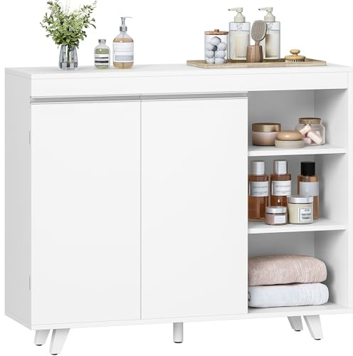 Hzuaneri Badezimmerschrank, Sideboard mit 2 Türen, Badschrank mit 3 Offenen Ablage, Küchenschrank, Große Kapazität, Modern, für Wohnzimmer, Badezimmer 30 x 100 x 82 cm Weiß SC20203X