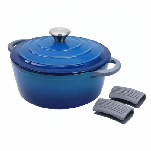 Everypan Éclat 5.5L Cast Iron Dutch Oven with Silicone Handle Covers, Enamelled Non-Stick Casserole Pot, Heavy-Duty Cookware for Baking, Braising, Slow Cooking,Roasting Dish & Stews Midnight Blue 28cm