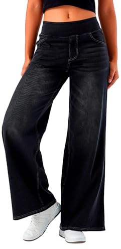 Générique 2026 Jean à Jambe Large à Enfiler pour Femme, Haute, Extensible, Ample, Tendance, Jambe Droite, Pantalon en Denim (Dark Gray, S)