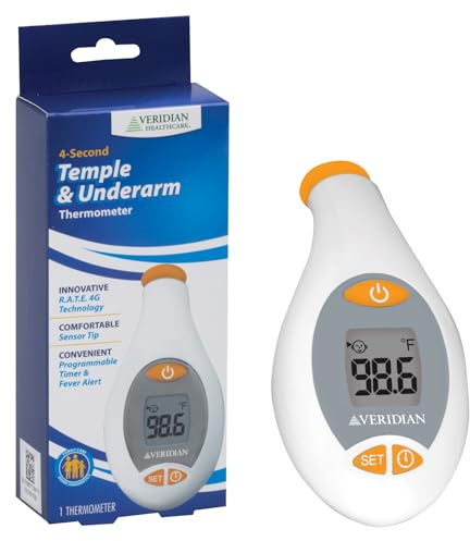 Veridian Healthcare Temple & Underarm Thermometer | Infrared Measurements | Fast 4-Second Readout | Fever Alert | Backlit Display | Programmable Timer | 1-Year Warranty