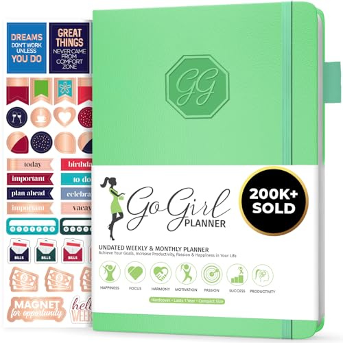 GoGirl Planner Pour Femmes - Agenda Hebdomadaire Format Compact, Journal Des Objectifs et Agenda Pour Améliorer la Gestion Du Temps. Non Daté - Commence à n'importe Quel Moment, Dure 1 An, VertMenthe
