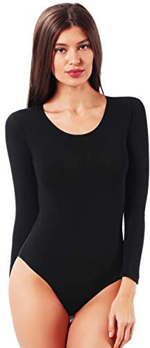 VEDATS Damen Body Langarm Rundhals Top Unterhemd Bodysuit (M, Schwarz)