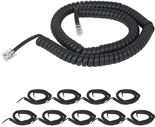 Cablesys Coiled Telephone Handset Cord for Use with PBX Phone Systems, VoIP Telephones - 12 Ft Uncoiled, Rj22, 1.5 Inch Lead on Both Ends, Flat Black, 10-Pack